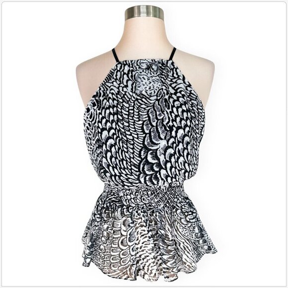 BCBGMaxAzria BCBG Black White Combo Pleated Peplum Smocked Waist Top NWT NEW S - Picture 3 of 5